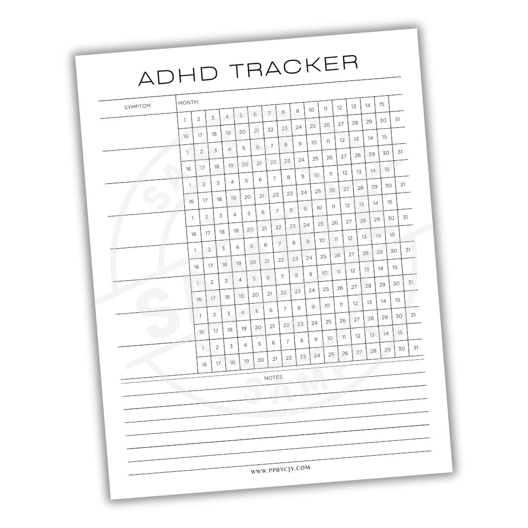 ADHD tracker sheet with a grid and space for notes on a white background