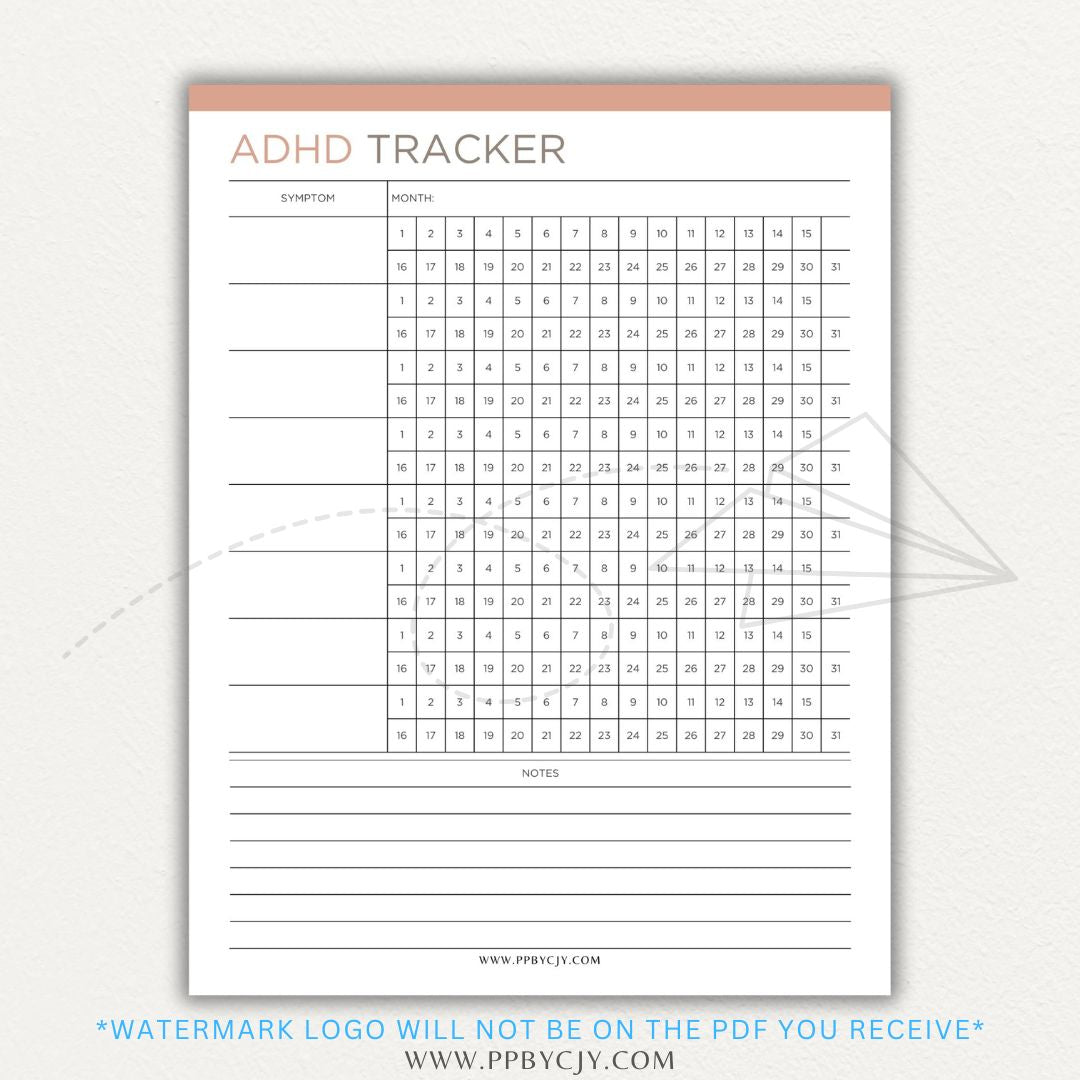 ADHD symptom tracker printable PDF template with sections for logging focus, impulsivity, hyperactivity, emotional regulation, and daily challenges.

