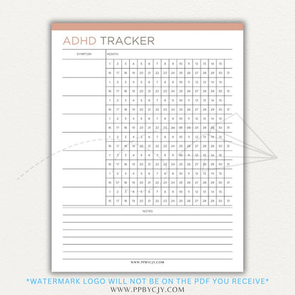 ADHD symptom tracker printable PDF template with sections for logging focus, impulsivity, hyperactivity, emotional regulation, and daily challenges.

