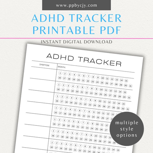 ADHD Tracker Printable PDF Template with sections for symptoms, goals, routines, and medications.

