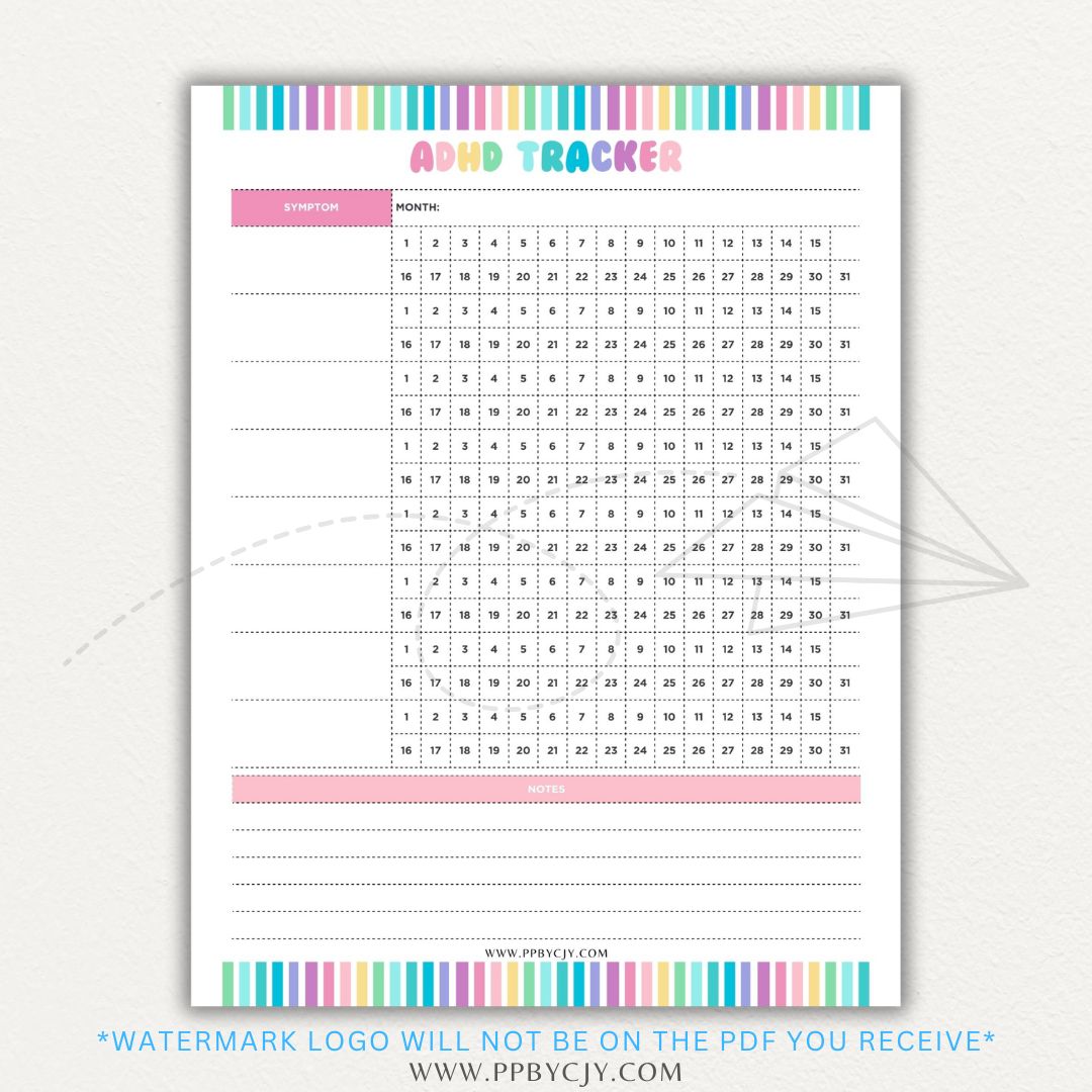 ADHD symptom tracker printable PDF template with sections for logging focus, impulsivity, hyperactivity, emotional regulation, and daily challenges.

