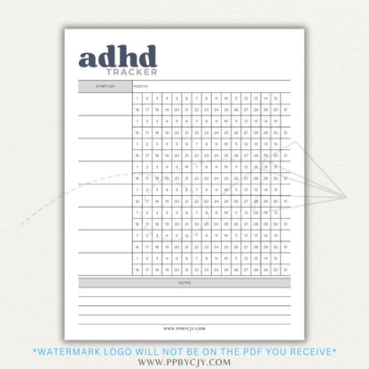 ADHD symptom tracker printable PDF template with sections for logging focus, impulsivity, hyperactivity, emotional regulation, and daily challenges.

