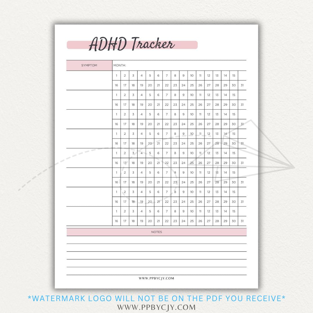 ADHD symptom tracker printable PDF template with sections for logging focus, impulsivity, hyperactivity, emotional regulation, and daily challenges.

