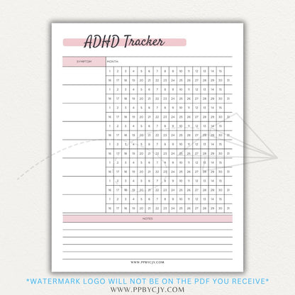 ADHD symptom tracker printable PDF template with sections for logging focus, impulsivity, hyperactivity, emotional regulation, and daily challenges.

