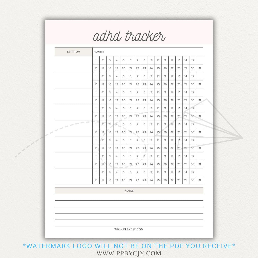 ADHD symptom tracker printable PDF template with sections for logging focus, impulsivity, hyperactivity, emotional regulation, and daily challenges.

