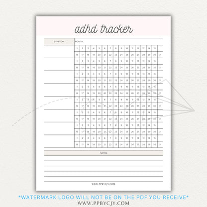 ADHD symptom tracker printable PDF template with sections for logging focus, impulsivity, hyperactivity, emotional regulation, and daily challenges.

