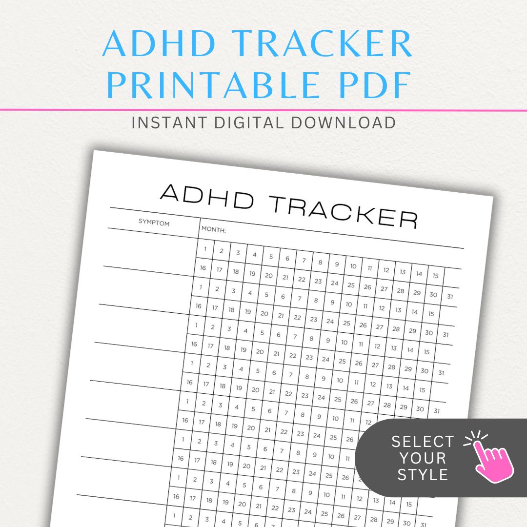 ADHD symptom tracker printable PDF template with sections for logging focus, impulsivity, hyperactivity, emotional regulation, and daily challenges.

