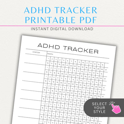 ADHD symptom tracker printable PDF template with sections for logging focus, impulsivity, hyperactivity, emotional regulation, and daily challenges.

