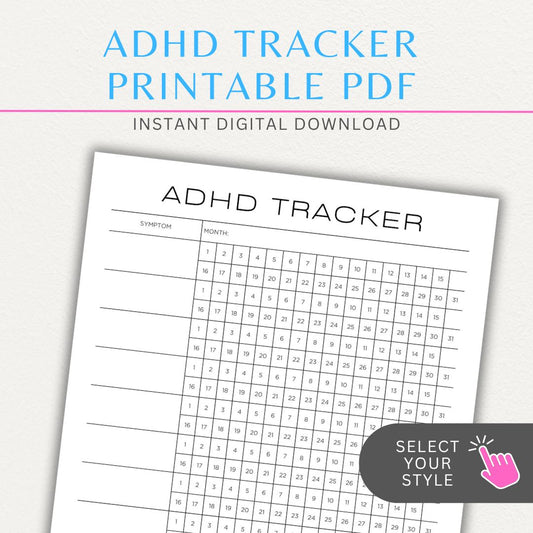 ADHD symptom tracker printable PDF template with sections for logging focus, impulsivity, hyperactivity, emotional regulation, and daily challenges.

