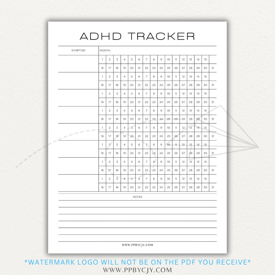 ADHD symptom tracker printable PDF template with sections for logging focus, impulsivity, hyperactivity, emotional regulation, and daily challenges.

