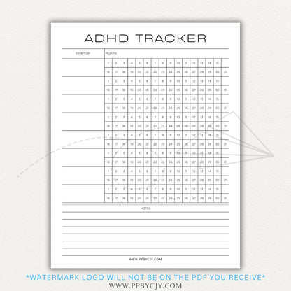 ADHD symptom tracker printable PDF template with sections for logging focus, impulsivity, hyperactivity, emotional regulation, and daily challenges.

