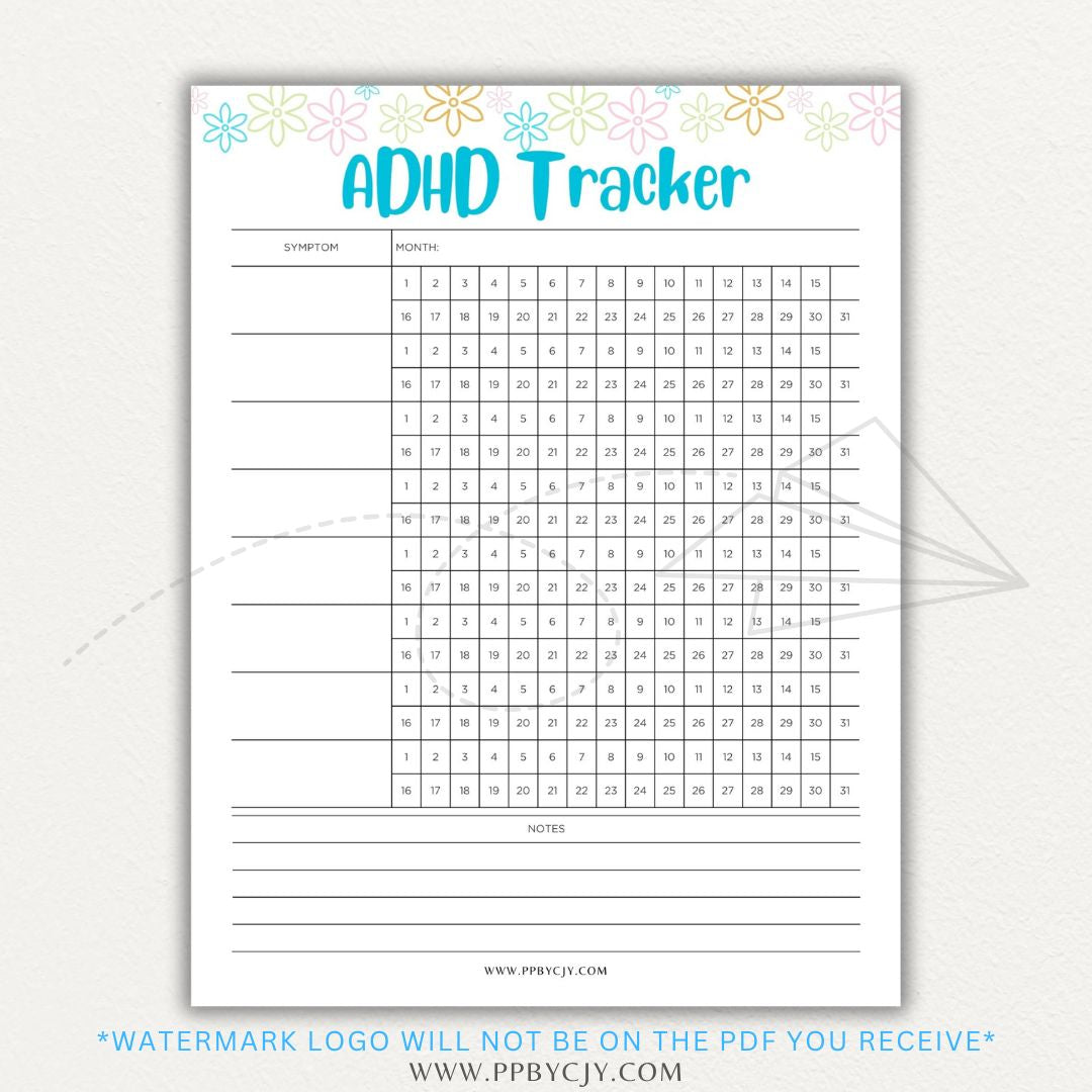 ADHD symptom tracker printable PDF template with sections for logging focus, impulsivity, hyperactivity, emotional regulation, and daily challenges.

