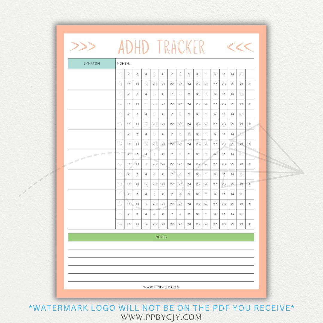 ADHD symptom tracker printable PDF template with sections for logging focus, impulsivity, hyperactivity, emotional regulation, and daily challenges.

