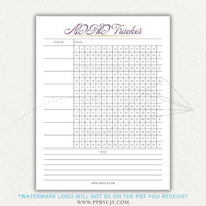 ADHD symptom tracker printable PDF template with sections for logging focus, impulsivity, hyperactivity, emotional regulation, and daily challenges.

