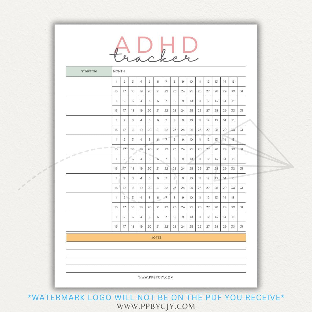 ADHD symptom tracker printable PDF template with sections for logging focus, impulsivity, hyperactivity, emotional regulation, and daily challenges.

