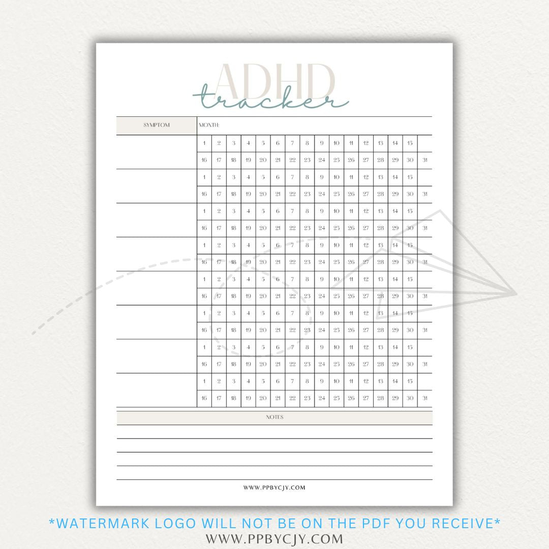 ADHD symptom tracker printable PDF template with sections for logging focus, impulsivity, hyperactivity, emotional regulation, and daily challenges.

