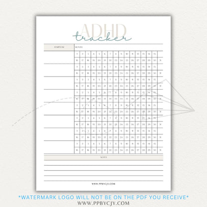 ADHD symptom tracker printable PDF template with sections for logging focus, impulsivity, hyperactivity, emotional regulation, and daily challenges.

