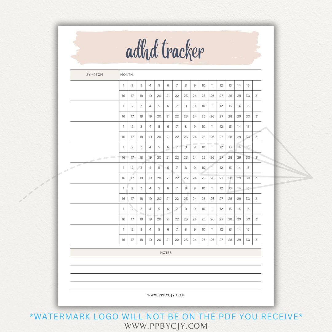 ADHD symptom tracker printable PDF template with sections for logging focus, impulsivity, hyperactivity, emotional regulation, and daily challenges.

