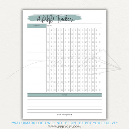 ADHD symptom tracker printable PDF template with sections for logging focus, impulsivity, hyperactivity, emotional regulation, and daily challenges.

