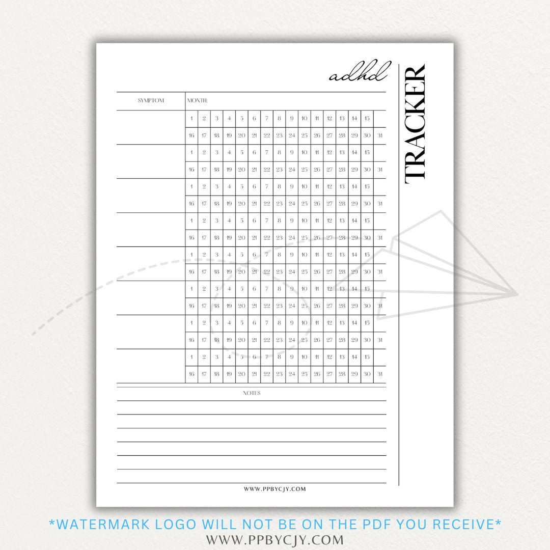 ADHD symptom tracker printable PDF template with sections for logging focus, impulsivity, hyperactivity, emotional regulation, and daily challenges.

