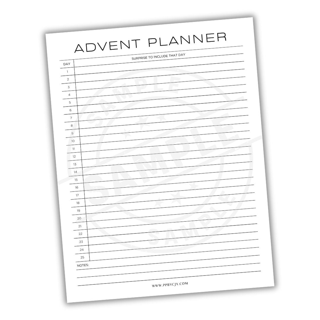 Advent planner sheet with numbered days on a white background