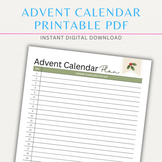 Advent Calendar Planner Printable PDF Template with sections for daily activities, treats, and notes.
