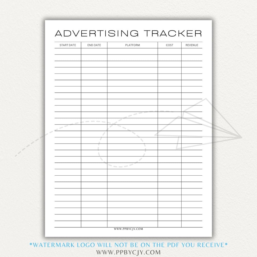 Advertising Tracker Printable PDF Template with sections for campaigns, budgets, performance metrics, and ROI.