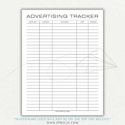 Advertising Tracker Printable PDF Template with sections for campaigns, budgets, performance metrics, and ROI.