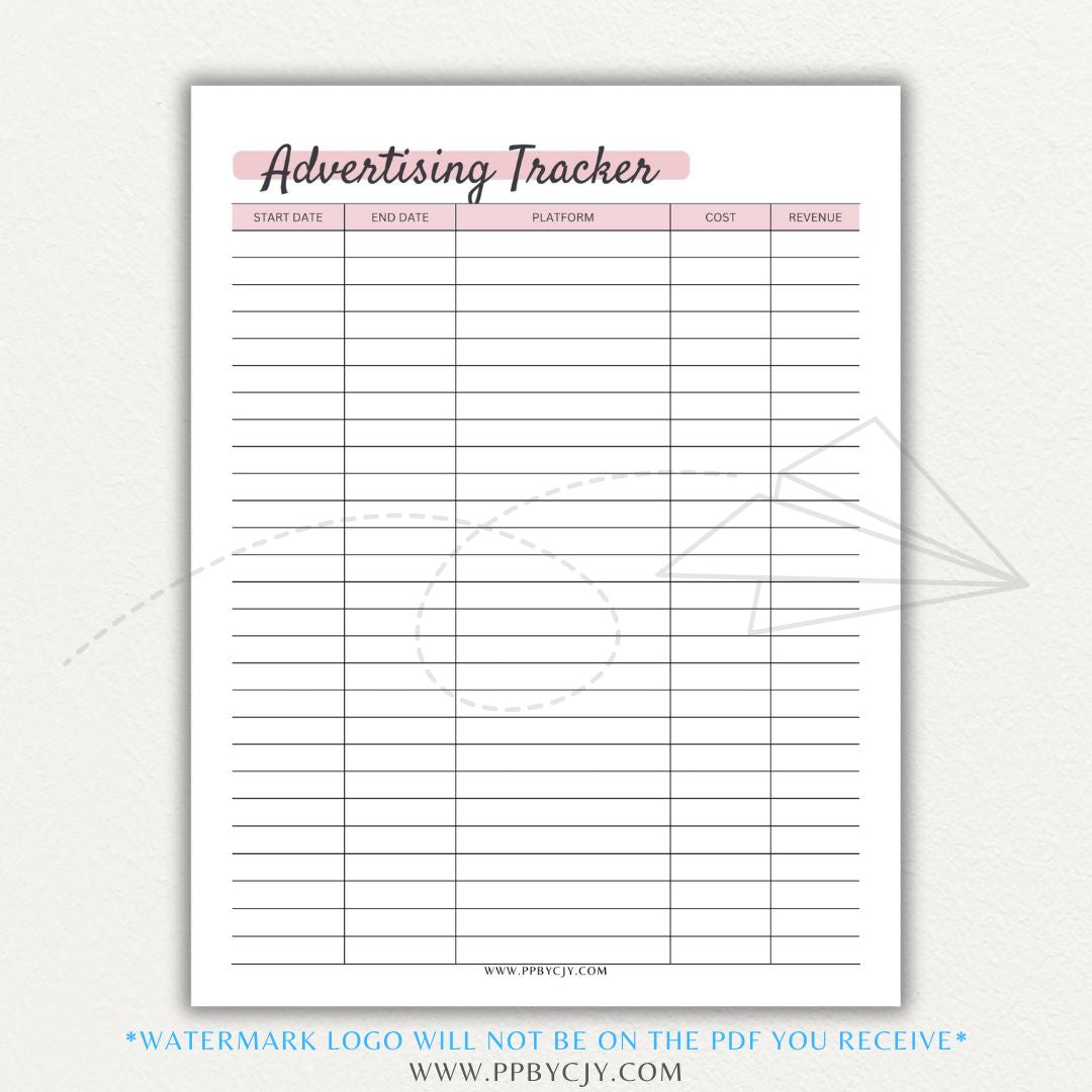 Advertising Tracker Printable PDF Template with sections for campaigns, budgets, performance metrics, and ROI.