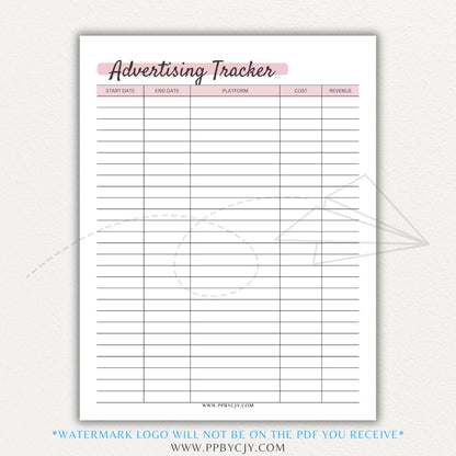 Advertising Tracker Printable PDF Template with sections for campaigns, budgets, performance metrics, and ROI.