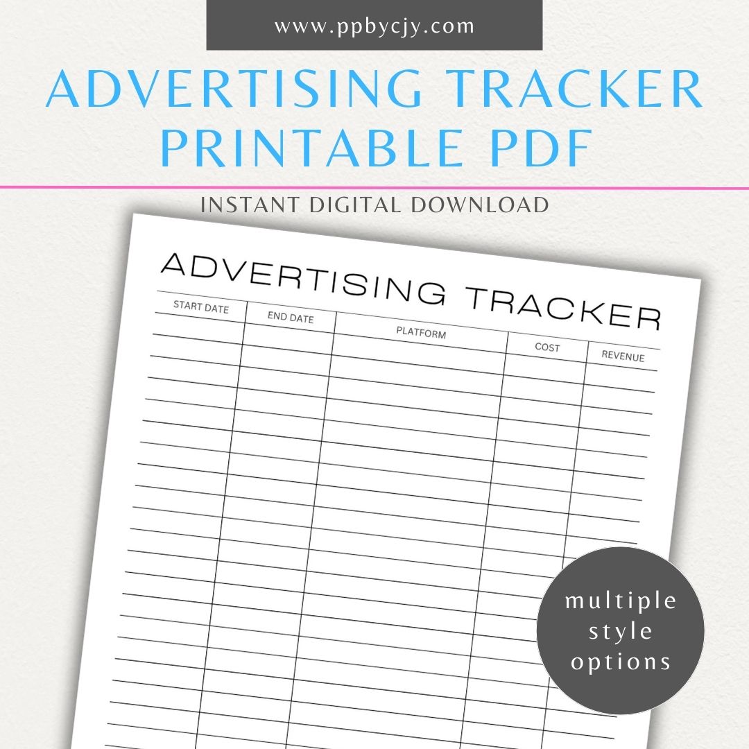 Advertising Tracker Printable PDF Template with sections for campaigns, budgets, performance metrics, and ROI.