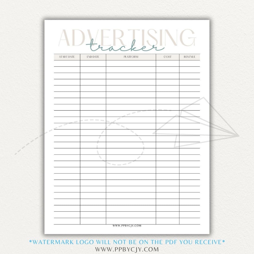 Advertising Tracker Printable PDF Template with sections for campaigns, budgets, performance metrics, and ROI.