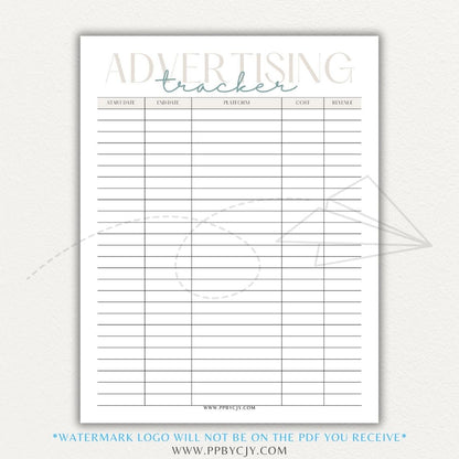 Advertising Tracker Printable PDF Template with sections for campaigns, budgets, performance metrics, and ROI.