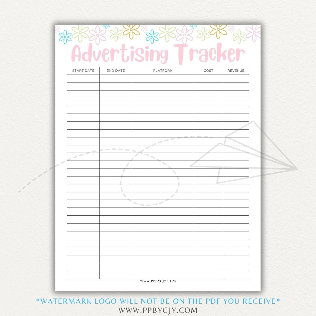 Advertising Tracker Printable PDF Template with sections for campaigns, budgets, performance metrics, and ROI.