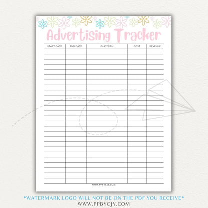 Advertising Tracker Printable PDF Template with sections for campaigns, budgets, performance metrics, and ROI.