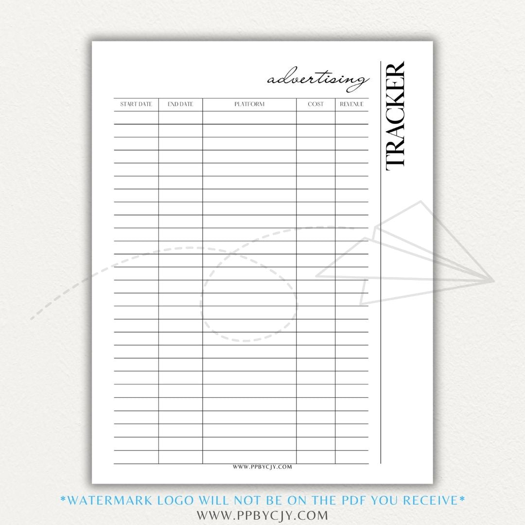 Advertising Tracker Printable PDF Template with sections for campaigns, budgets, performance metrics, and ROI.