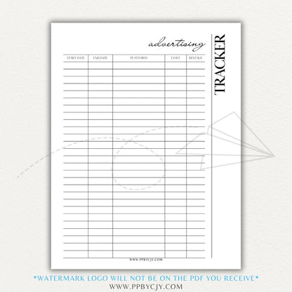 Advertising Tracker Printable PDF Template with sections for campaigns, budgets, performance metrics, and ROI.