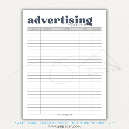 Advertising Tracker Printable PDF Template with sections for campaigns, budgets, performance metrics, and ROI.