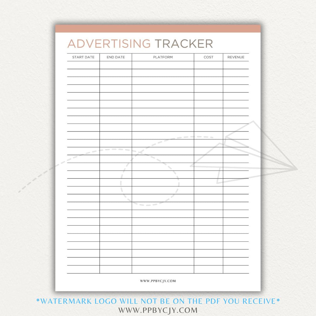 Advertising Tracker Printable PDF Template with sections for campaigns, budgets, performance metrics, and ROI.