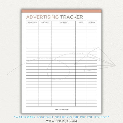 Advertising Tracker Printable PDF Template with sections for campaigns, budgets, performance metrics, and ROI.