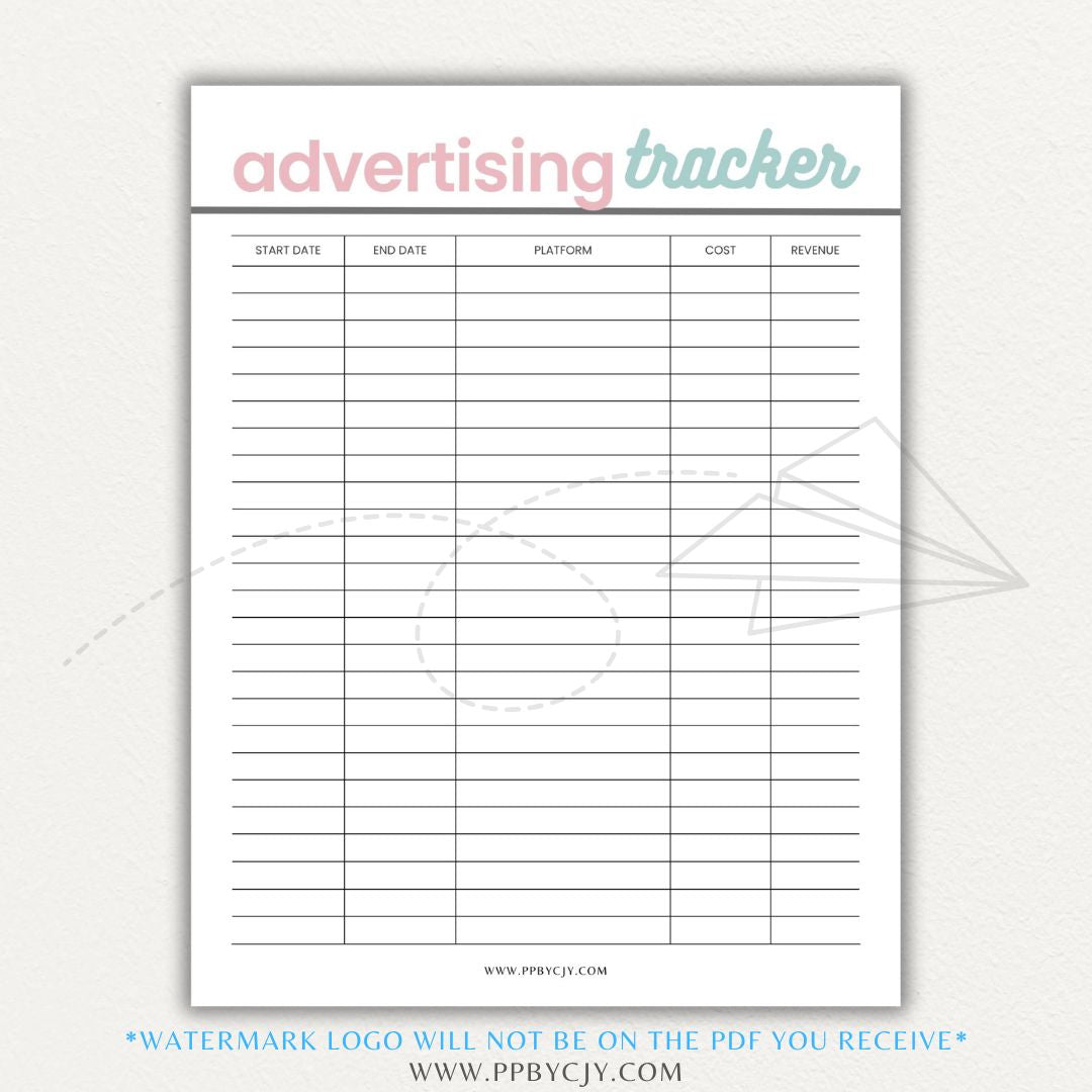 Advertising Tracker Printable PDF Template with sections for campaigns, budgets, performance metrics, and ROI.