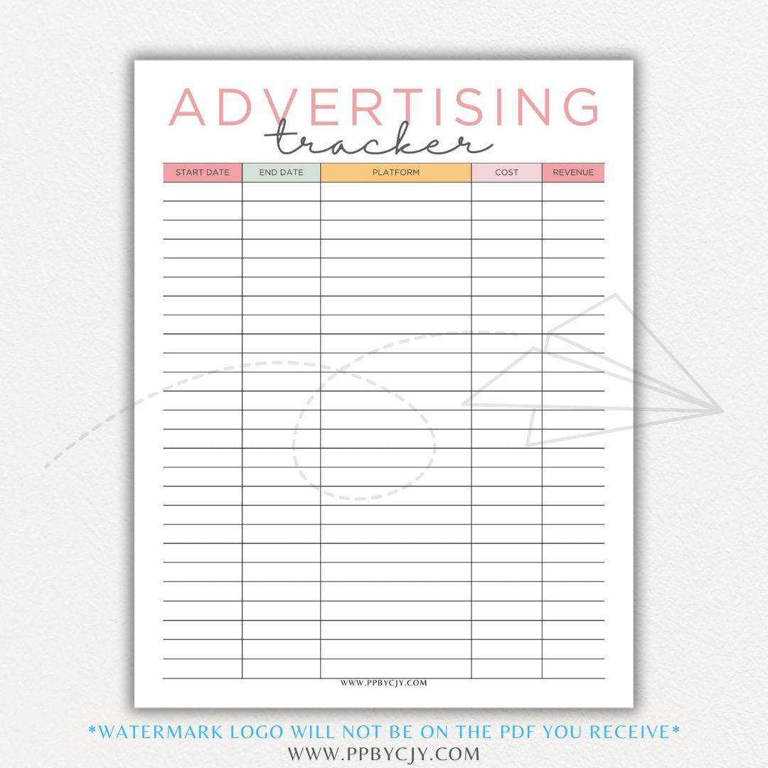 Advertising Tracker Printable PDF Template with sections for campaigns, budgets, performance metrics, and ROI.