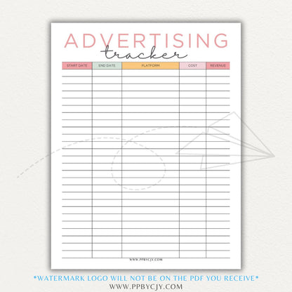 Advertising Tracker Printable PDF Template with sections for campaigns, budgets, performance metrics, and ROI.