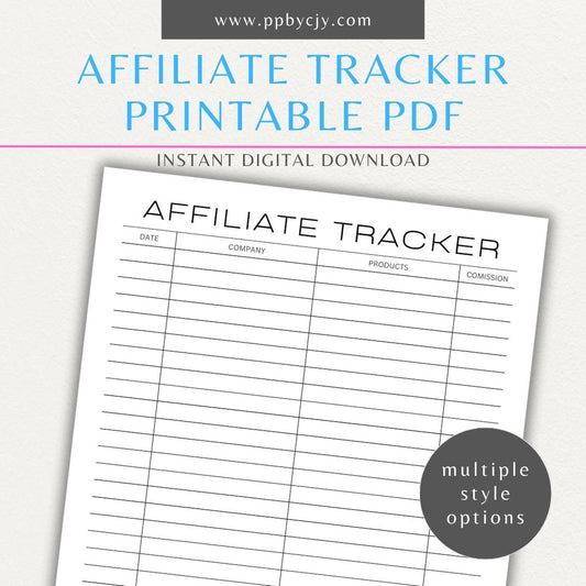 Affiliate Tracker Printable PDF Template with sections for affiliate links, commissions, and sales.