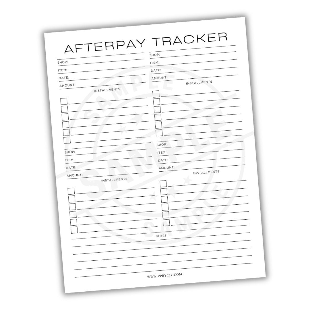 Afterpay Tracker sheet with columns for shop, item, date, installment amount, and notes on a white background.
