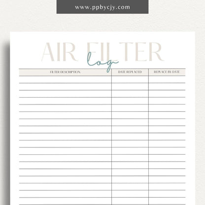 Air Filter Replacement Log Printable Template – Digital Download for Tracking Air Filter Changes and Maintenance