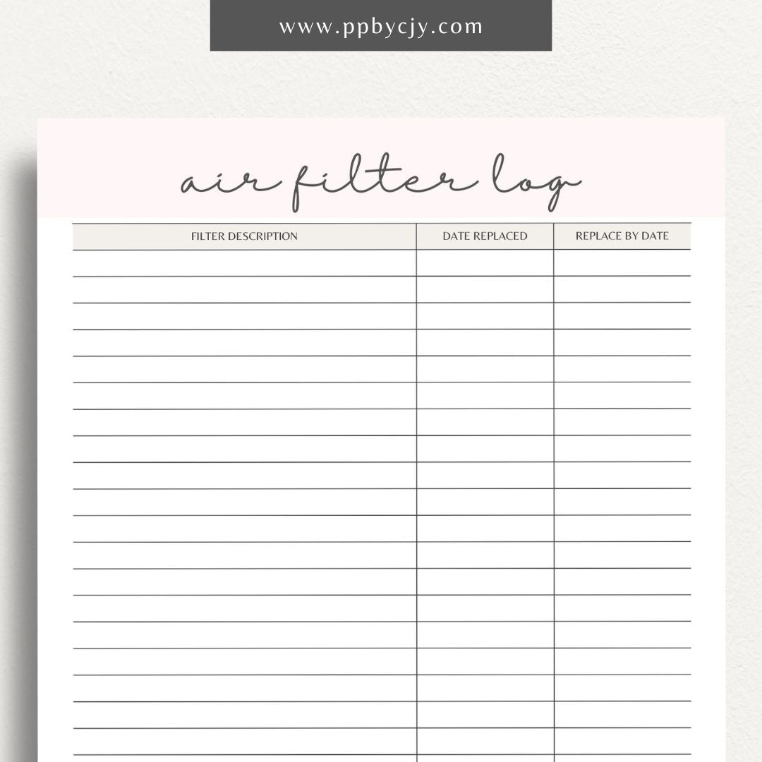 Air Filter Replacement Log Printable Template – Digital Download for Tracking Air Filter Changes and Maintenance