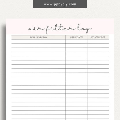 Air Filter Replacement Log Printable Template – Digital Download for Tracking Air Filter Changes and Maintenance