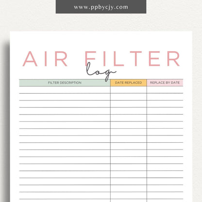 Air Filter Replacement Log Printable Template – Digital Download for Tracking Air Filter Changes and Maintenance