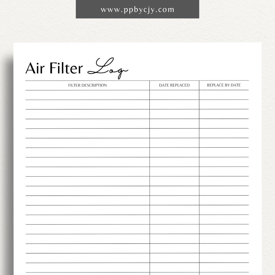 Air Filter Replacement Log Printable Template – Digital Download for Tracking Air Filter Changes and Maintenance